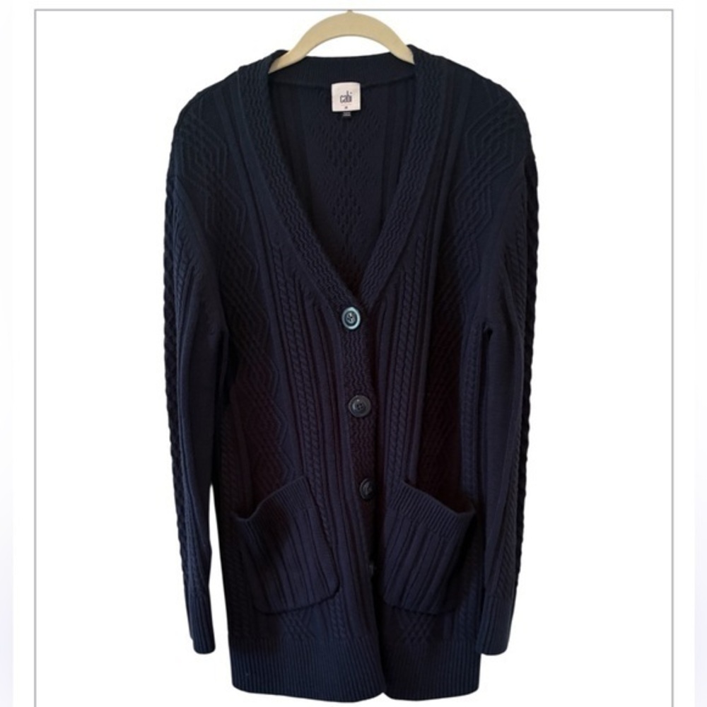 CAbi Woman's Blue Cable Knit Slant Pocket Button Up Cardigan Sweater Size M